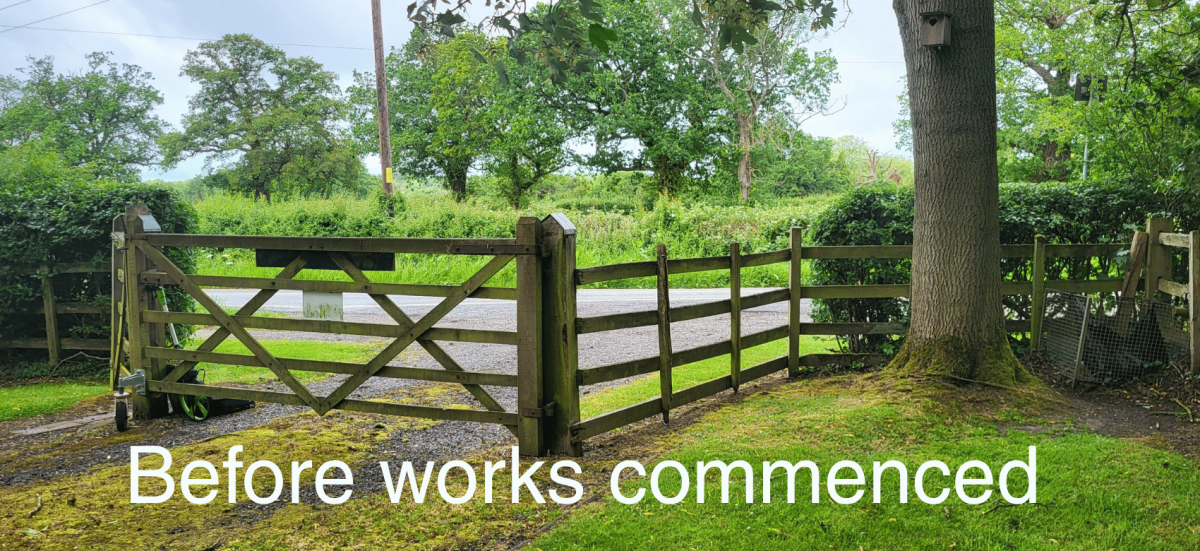 Rotting timber gates and fence at Newtown Linford Cemetery
