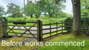 Rotting timber gates and fence at Newtown Linford Cemetery
