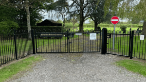 black bow top railings and double vehicle gate at Newtown Linford, Leicestershire